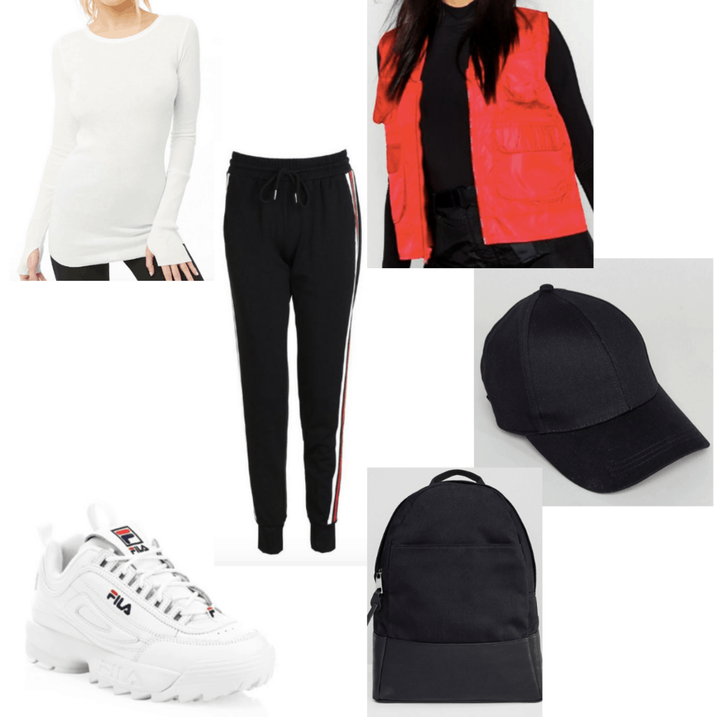 Conjunto de zapatillas blancas de fila con camiseta de manga larga, chaleco rojo, sombrero negro, mochila negra, joggers a rayas